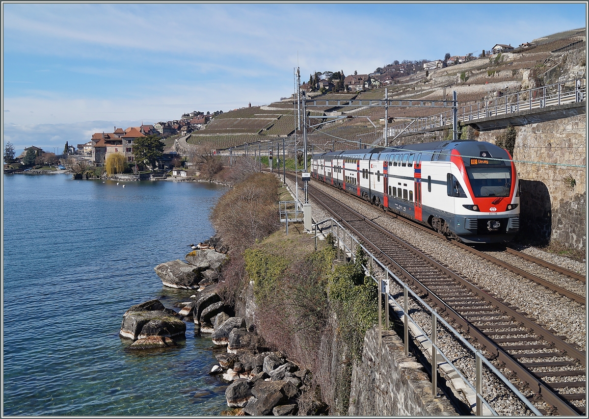 Der RABe 511 116 kurz vor seinem Ziel Vevey zwischen Rivaz und St-Saphorin. 
22. Feb. 2014