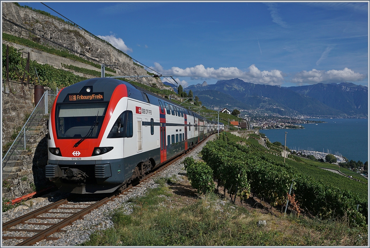 Der SBB RABe 511 029 als RE auf der Fahrt Richtung Friboug (Sommerfahrplan) zwischen Vevey und Chexbres kurz vor dem Salanfe Tunnel.
26. August 2018