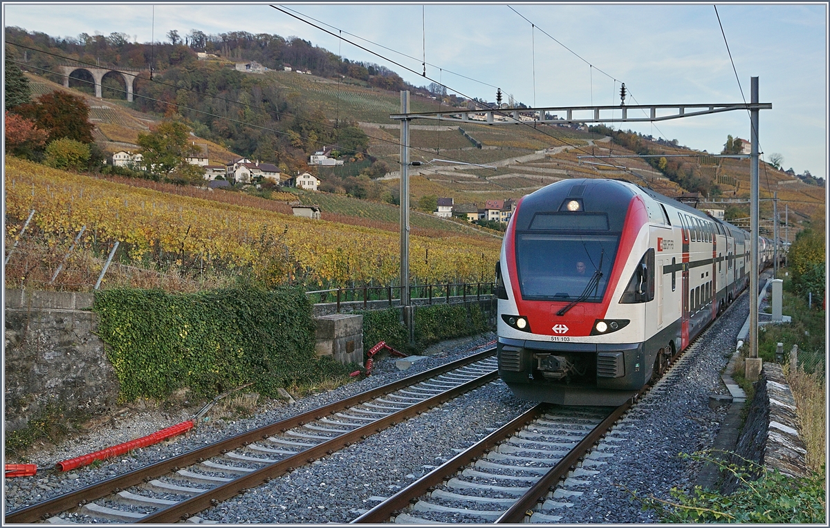 Der SBB RABE 511 103 und ein weitere auf dem Weg nach Genève kurz vor Lutry. 

3. Nov. 2017