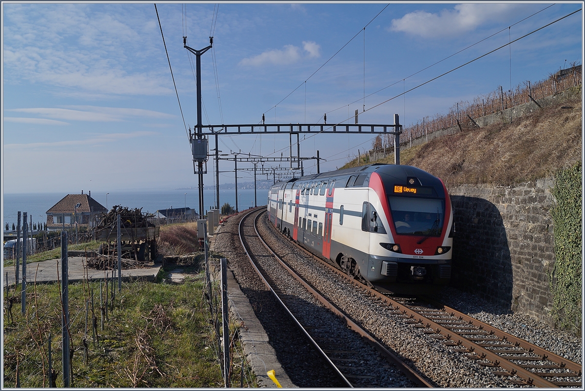 Der SBB RABE 511 104 als RE auf dem Weg nach Vevey bei Cully.
20.02.2018