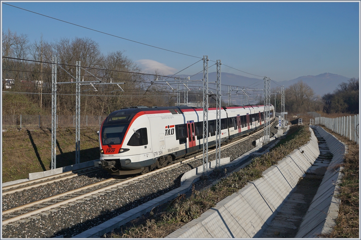 Der SBB TILO Flirt RABe 524 008 nach Malpensa bei Stabio soeben die Grenze nach Italien überquert und erreicht in Kürze den Halt Cantello-Gaggiolo. 