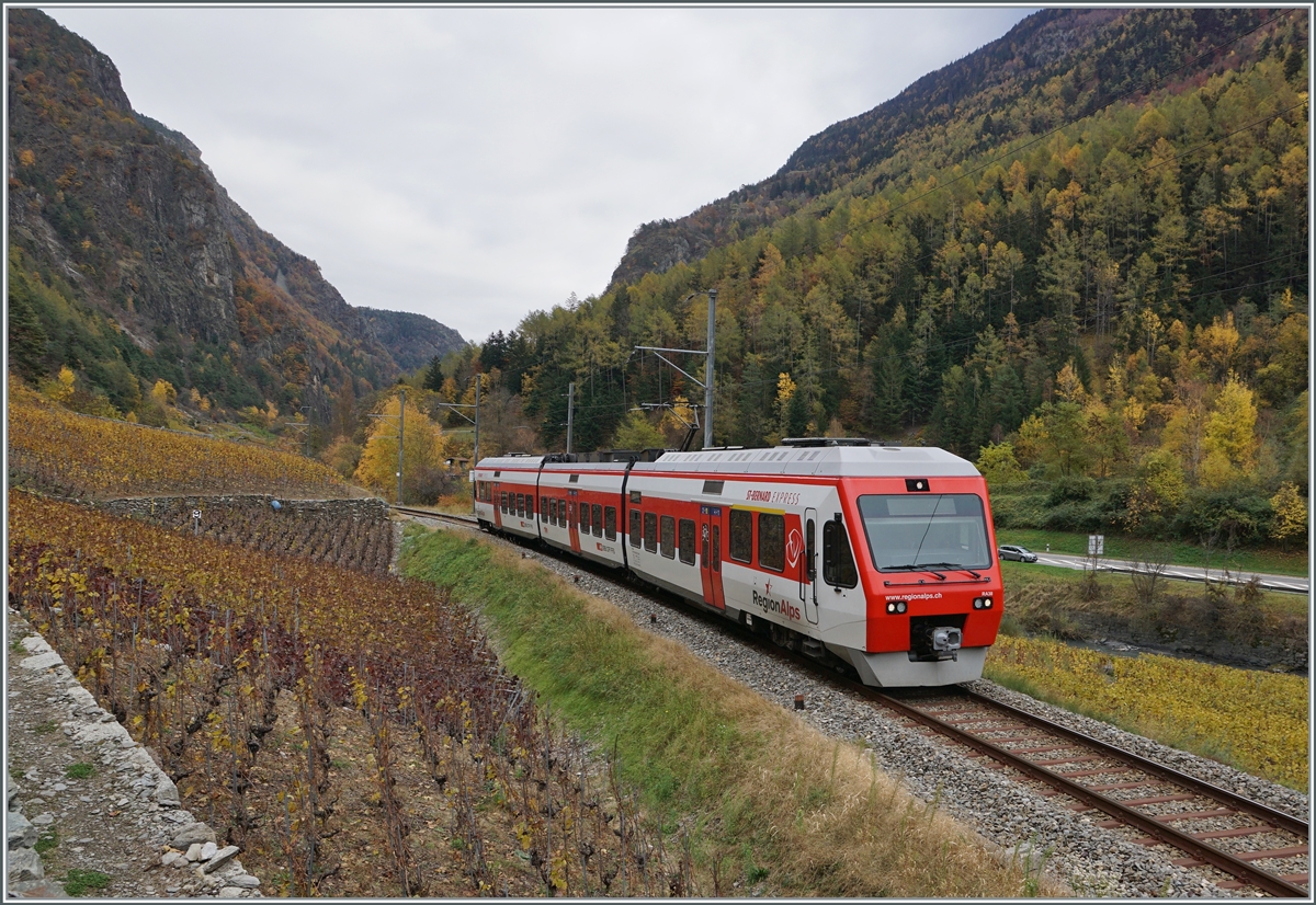 Der TMR Region Alps RABe 525 038 ist von Le Châble nach Martigny unterwegs und konnte kurz vor Bovernier in den Weinbergen fotografiert werden

5. Nov 2020