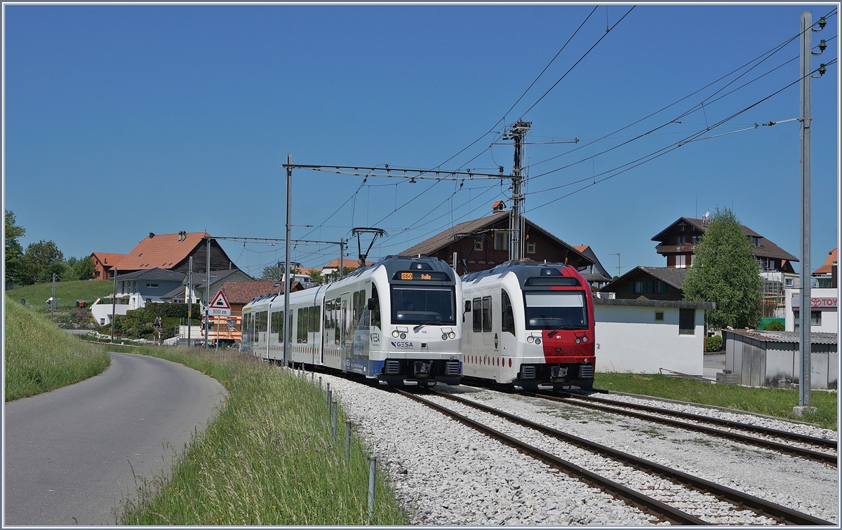 Der TPF ABe 2/4 + B + Be 2/4 (Stadler SURF) 101 und 106 kreuzen sich in Vaulruz Sud. 

19. Mai 2020