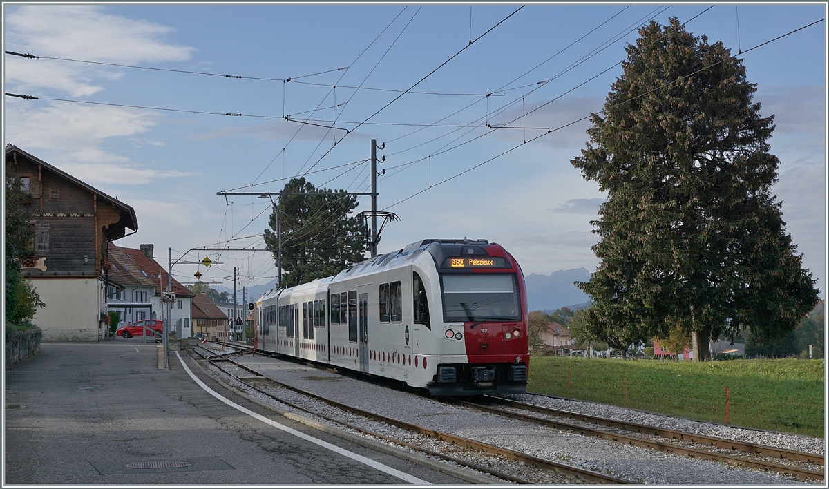 Der TPF SURF ABe 2/4 | B | Be 2/4 102  SudExpress  als S 50 von Bulle nach Palézieux unterwegs, beim Halt in Semsales. 

22. Okt. 2020