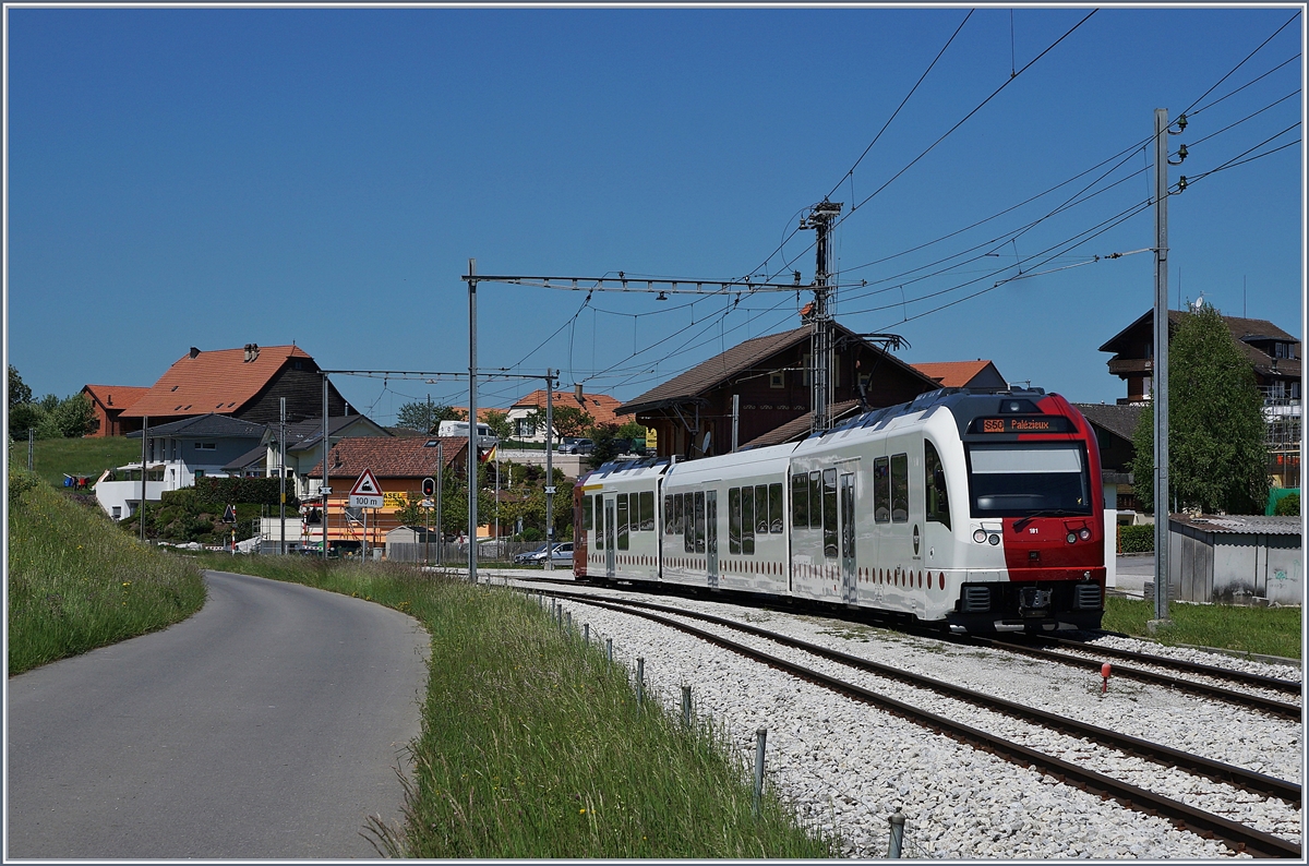 Der TPF SURF ABe 2/4 - B - Be 2/4 101 nach Palézieux wartet in Vaulruz Sud auf den Gegenzug. 

19. Mai 2020