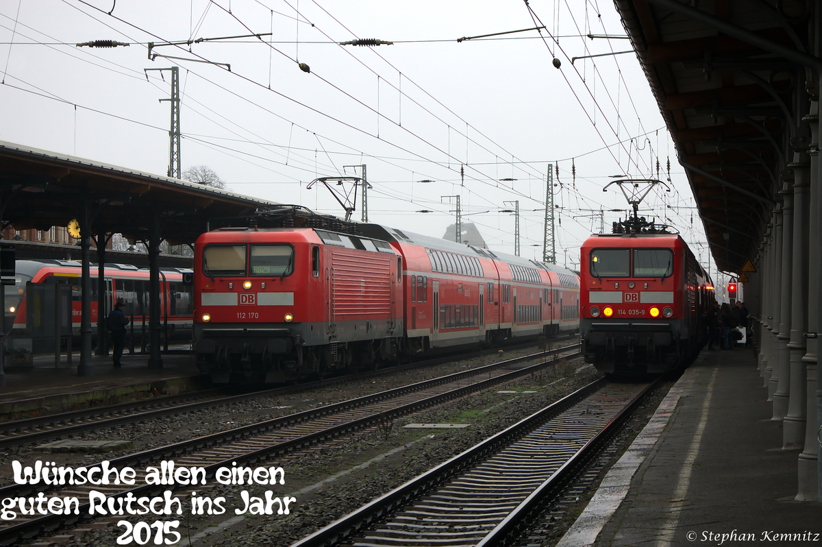 Die 112 170 & 114 035-9 der DB Regio haben die Ehre auf dem letzten Foto des Jahres 2014 sich zu präsentieren. Hier waren 112 170 mit der RB32 (RB 17568) von Stendal nach Salzwedel und 114 035-9 mit dem RE20 (RE 17631) von Uelzen nach Halle(Saale)Hbf, standen am Silvesternachmittag 2014 im Stendaler Hbf. 31.12.2014 WÜNSCHE ALLEN EINEN GUTEN RUTSCH INS JAHR 2015!!!