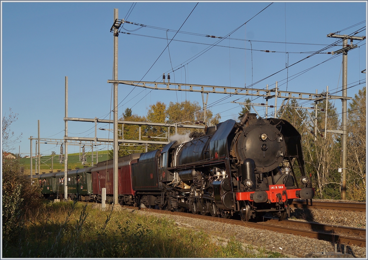 Die 141 R 568 der L'Association 141 R 568 auf ihrer Herbstrundfahrt  Train Chasse  von Vallorbe via Lausanne - Lausanne Triage - Biel/Bienne - Lyss - Lausanne, hier bei der Ankunft in Palézieux. 

26. Okt. 2019