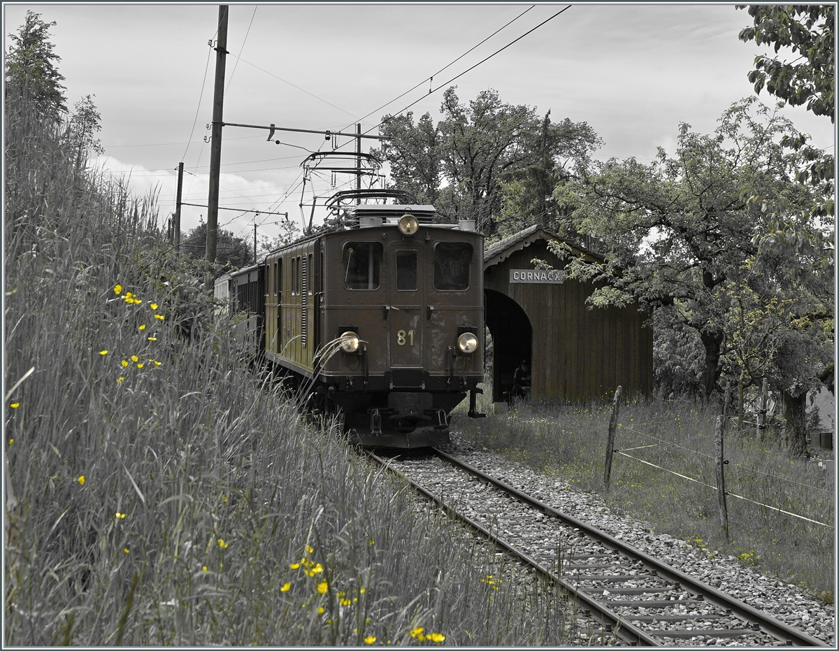 Die Blonay-Chamby Bernina Bahn Ge 4/4 81 auf dem Weg nach Blonay bei Cornaux.

22. Mai 2021