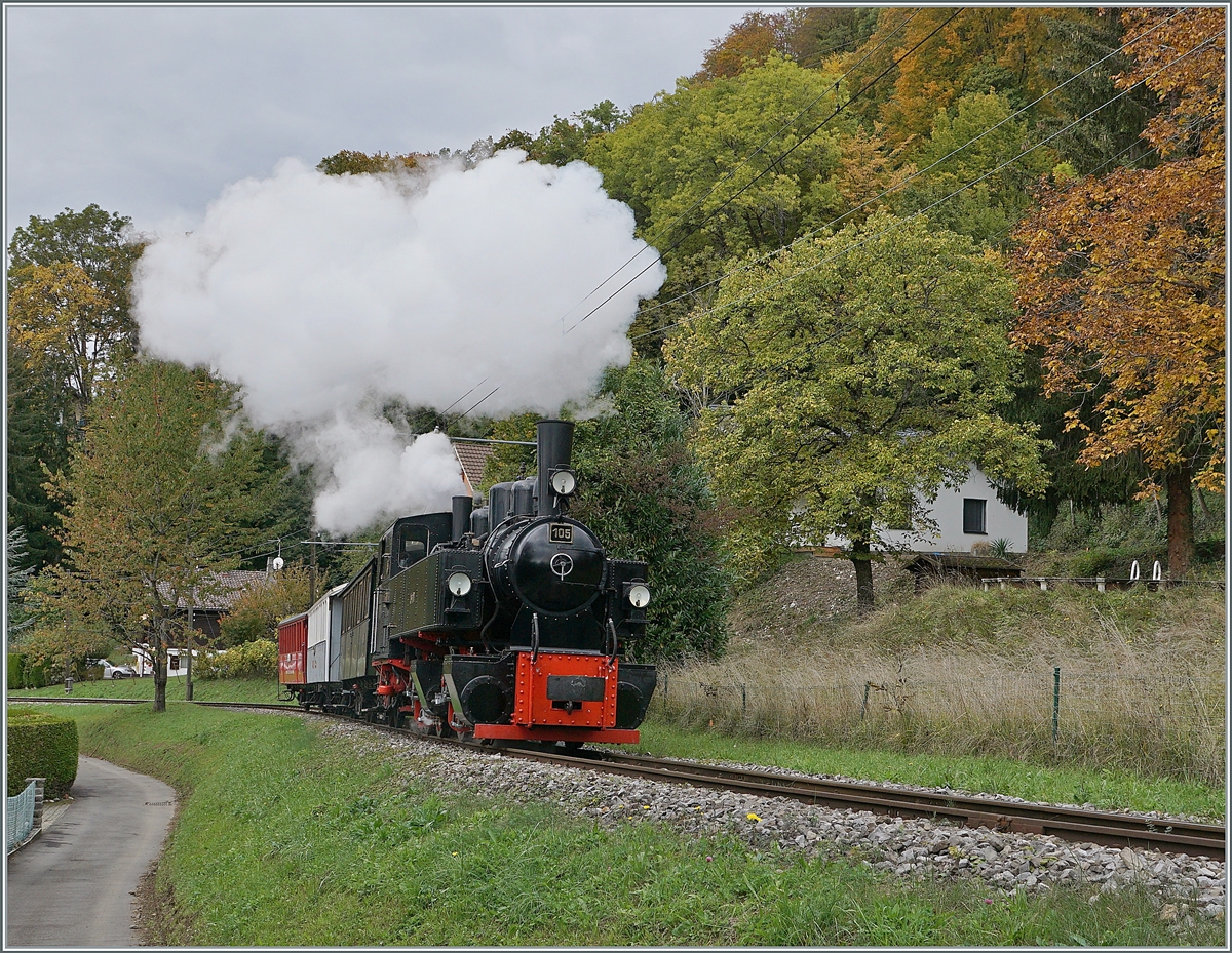 Die Blonay-Chamby G 2x 2/2 N§ 105 ist kurz nach der Abfahrt in Blonay auf der Fahrt nach Chaulin. 

11. Okt. 2020