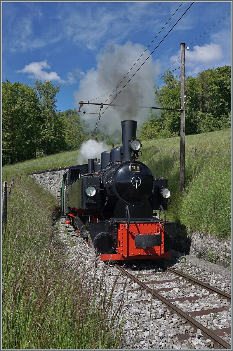 Die Blonay-Chamby G  2x 2/2 105 hat die Baye de Clarens Schlucht verlassen und Dampft nun Conraux entgegen. 

23. Mai 2021