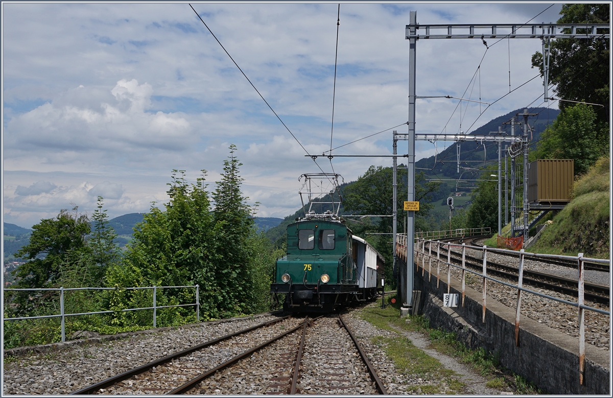 Die Blonay-Chamby +GF+ Ge 4/4 75 mit ihrem Museumszug erreicht Chamby.

13. Juni 2020