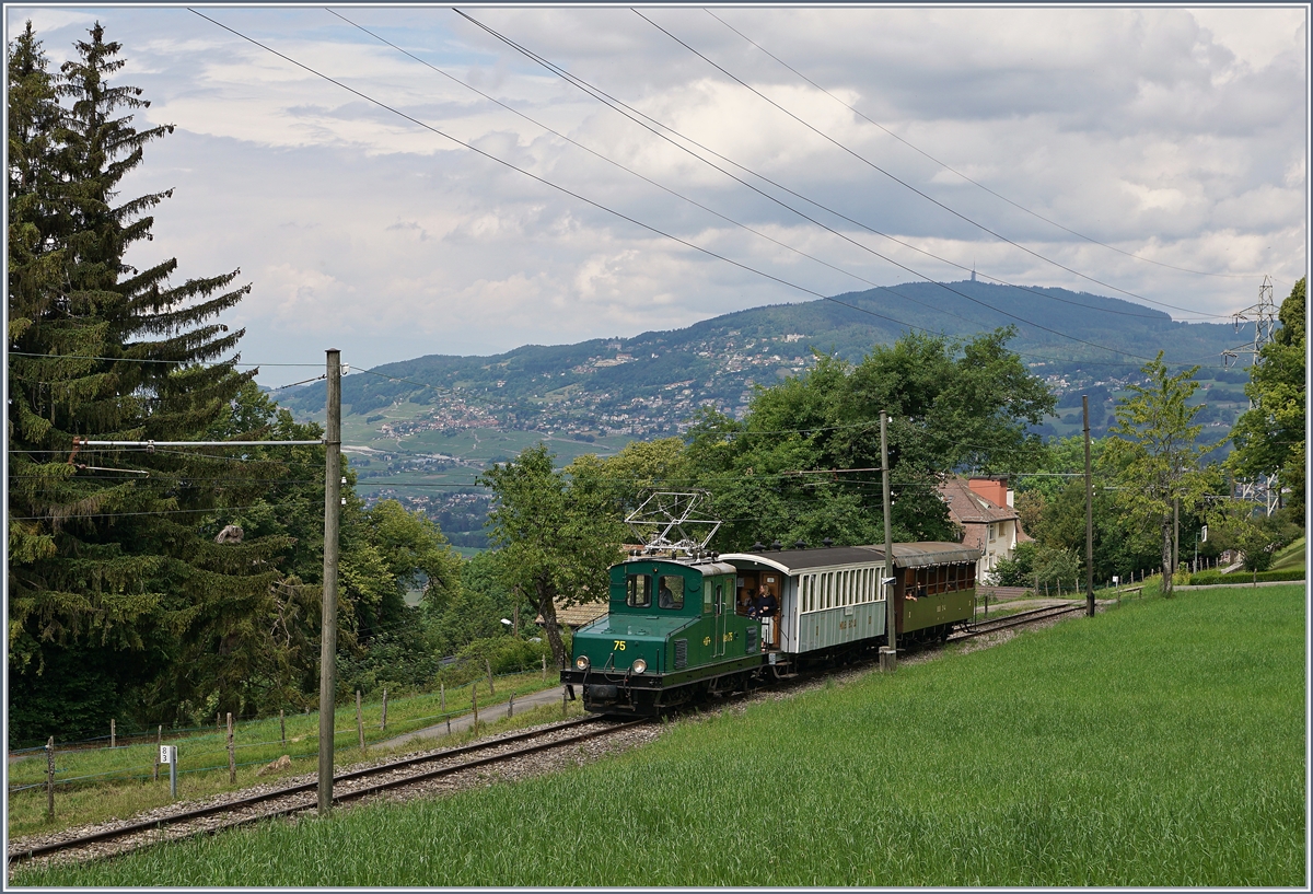 Die Blonay-Chamby +GF+ Ge 4/4 75 mit ihrem Museumszug bei Chaulin.

 13. Juni 2020