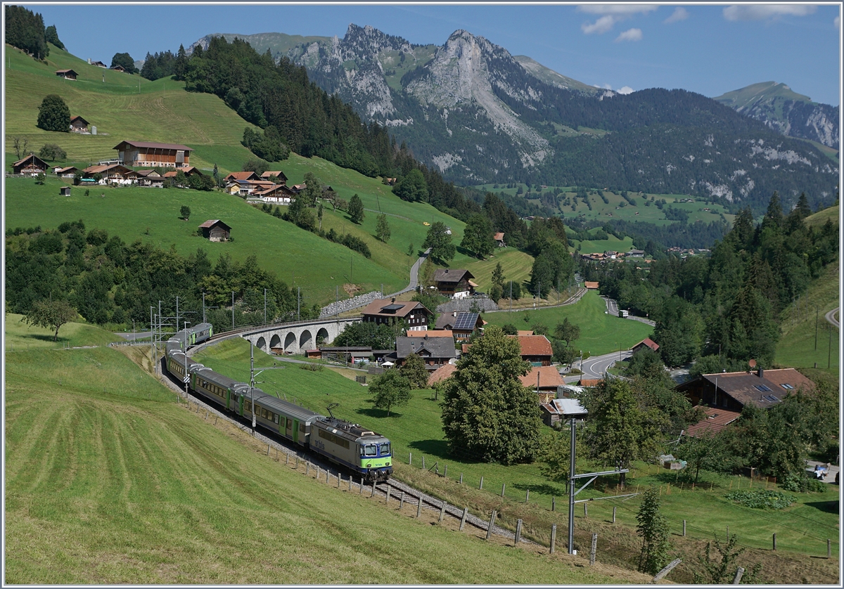 Die BLS Re 4/4 502 schiebt bei Garstatt ihre RE in Richtung Intearlaken Ost. 

11. August 2020