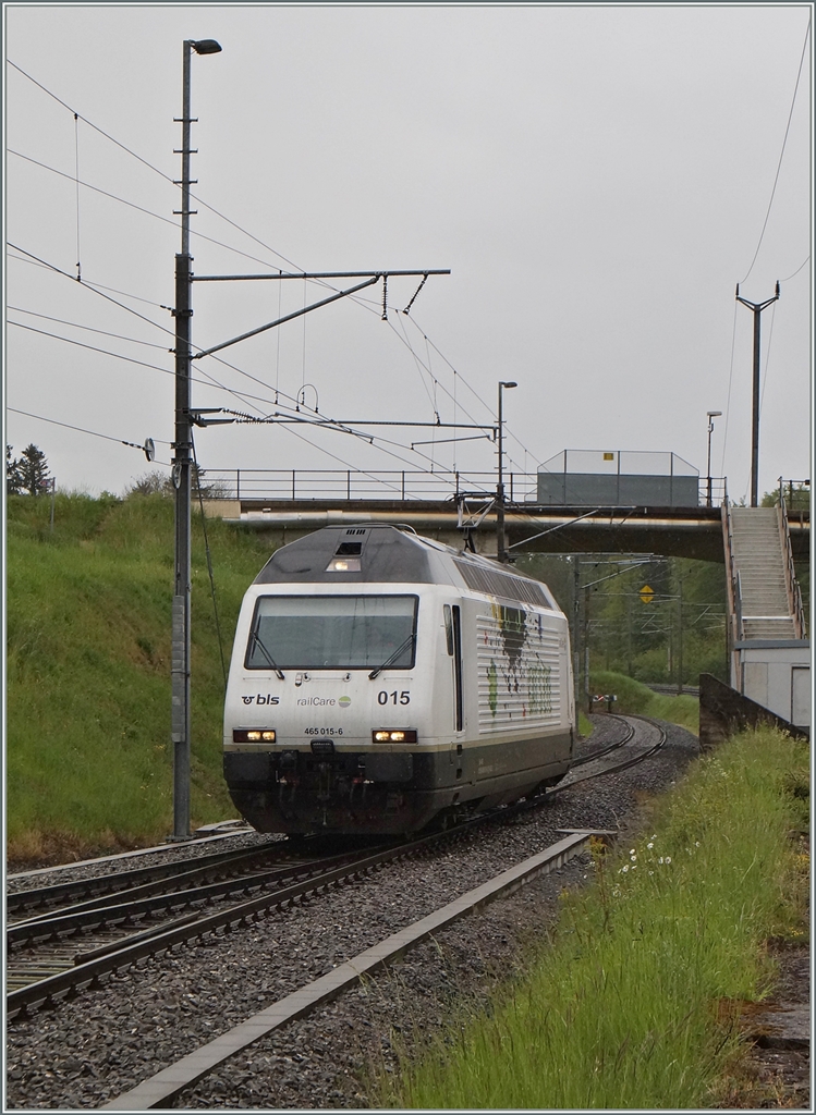 Die BLS Re 465 015 (UIC N°: 91 85 4465 015 6)  CAT'S EYE  in Vufflens la Ville. 28. April 2014