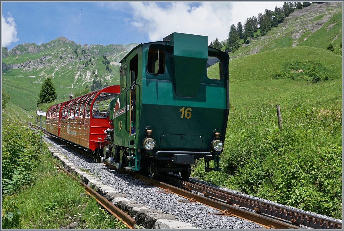 Die Brienz Rothorn Bahn BRB H 2/3 16 hat mit ihrem bergwärts fahrenden Zug Planalp verlassen.
7. Juli 2016