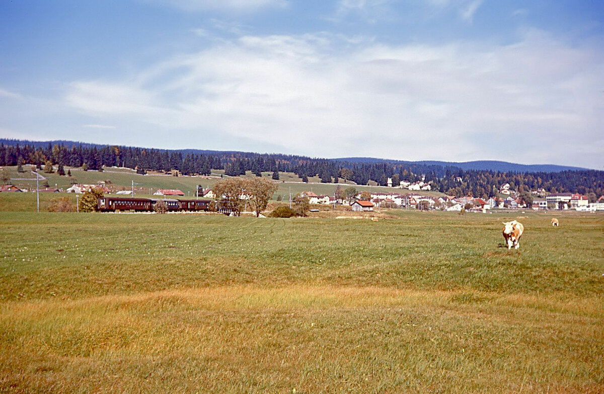 Die einstige Pont-Brassus Bahn bei Le Brassus. Diese schlechte Aufnahme soll eine Idee vom Zusammenstückeln unterschiedlichster Wagen geben, wie es früher ganz normal war: Triebfahrzeug SBB RBe4/4 1407 - Postwagen Z 843 - Depäckwagen D2 16211 - Seetal-Platformwagen AB4 4411 - Versuchs-Aluminiumwagen (Serie 8201-8203) B4 8201. 13.Oktober 1967 