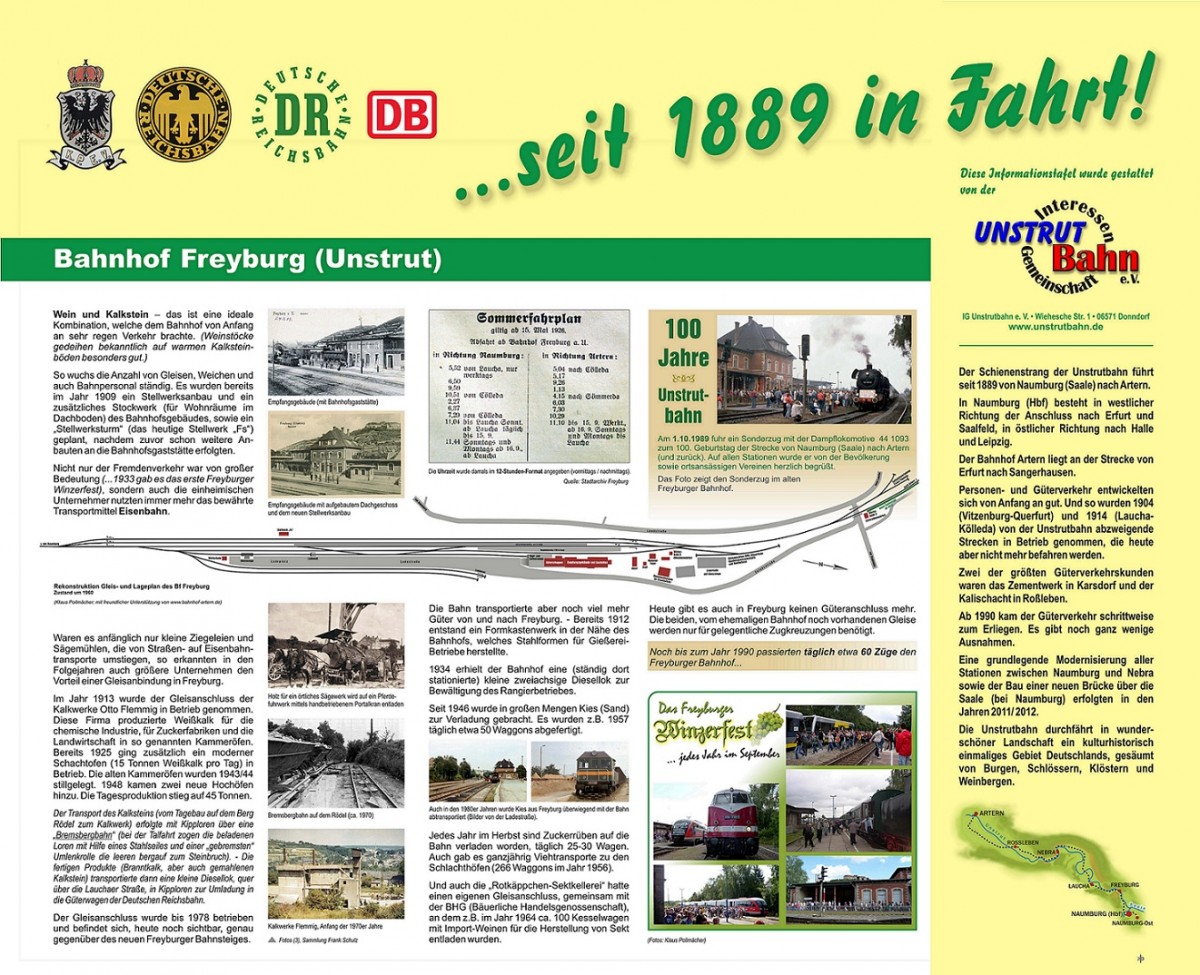 Die von der IG Unstrutbahn e.V. gestaltete und erarbeitete Infotafel zum Bahnhof Freyburg.