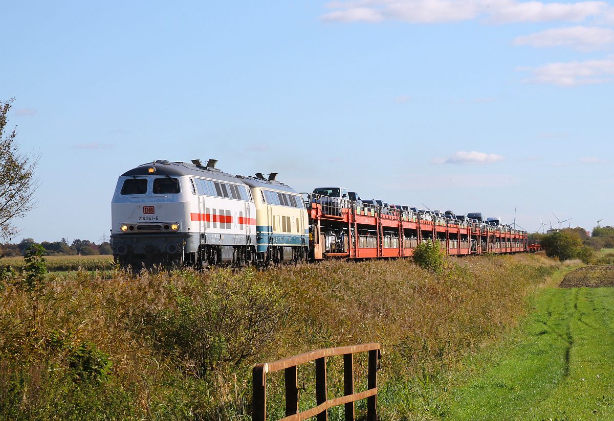 Die in lichtgrau lackierte 218 341 befördert mit der türkis-beigen 218 446 des Bw Kempten den AS 1432 nach Westerland/Sylt, hier in Höhe des Bü Triangel am 15.10.2024