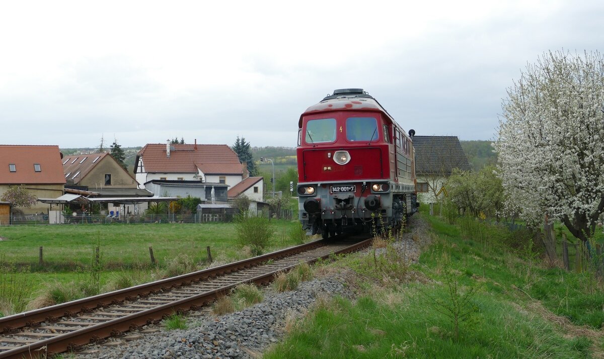 Die neu von der EBS erworbene 142 001-7 mit 2 Wagen auf der Fahrt von Chemnitz nach Karsdorf, am 09.04.2024 in Roßbach (Naumburg). (Foto: Wolfgang Krolop)