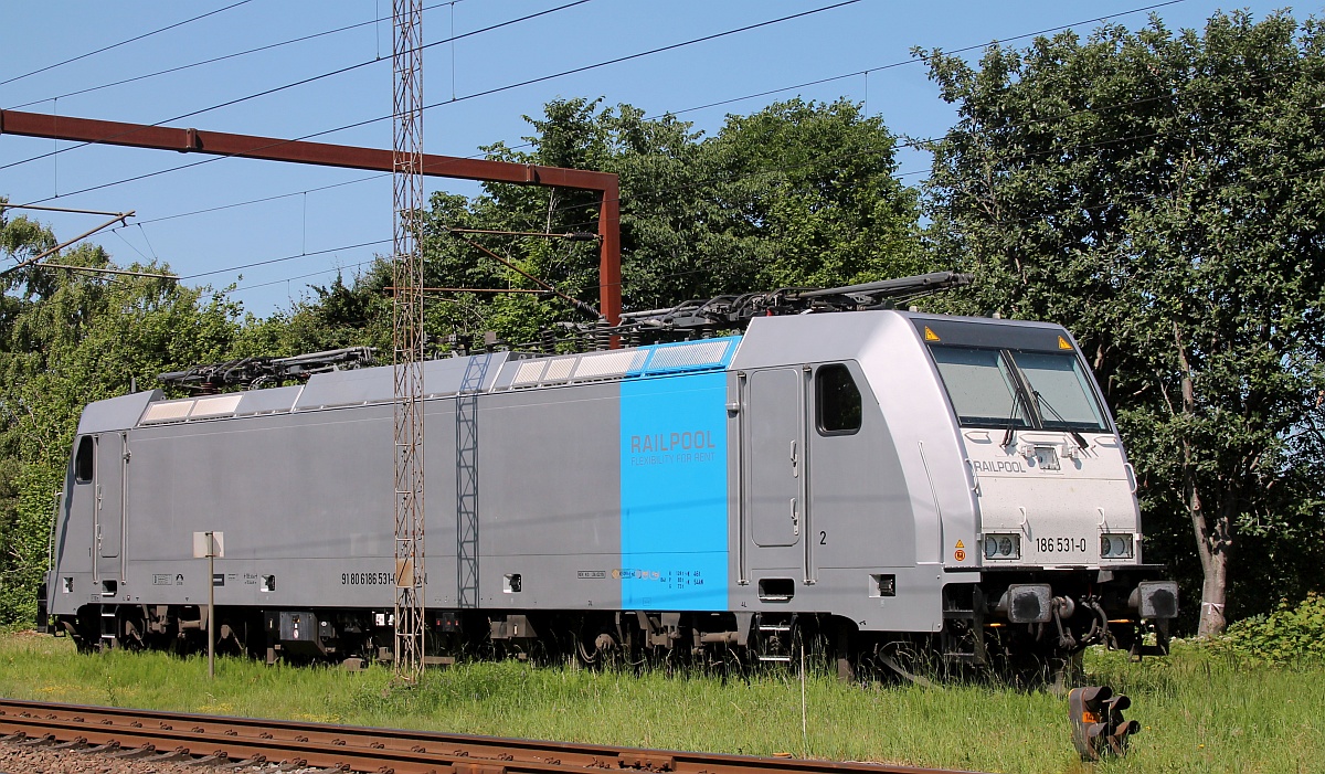 Die Railpool 186 531-0(REV/Ks/26.02.19) war einige Male mit dem Zementexpress aus Deuna für CFL Cargo im Einsatz und im hohen Norden unterwegs. Padborg/DK 24.06.2020