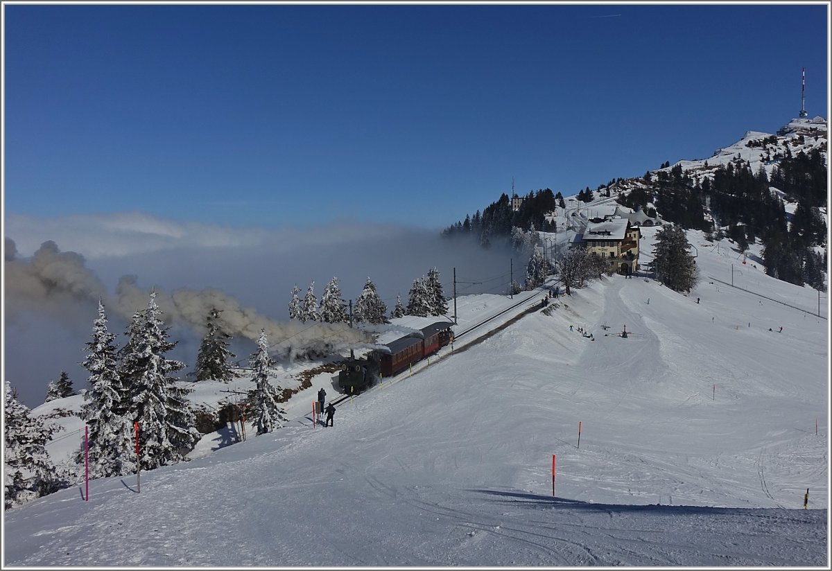 Die RB H 2/3 16 schiebt ihren Dampfzug Richtung Rigi Kulm und erreicht Rigi Staffel.
(24. Februar 2018) 