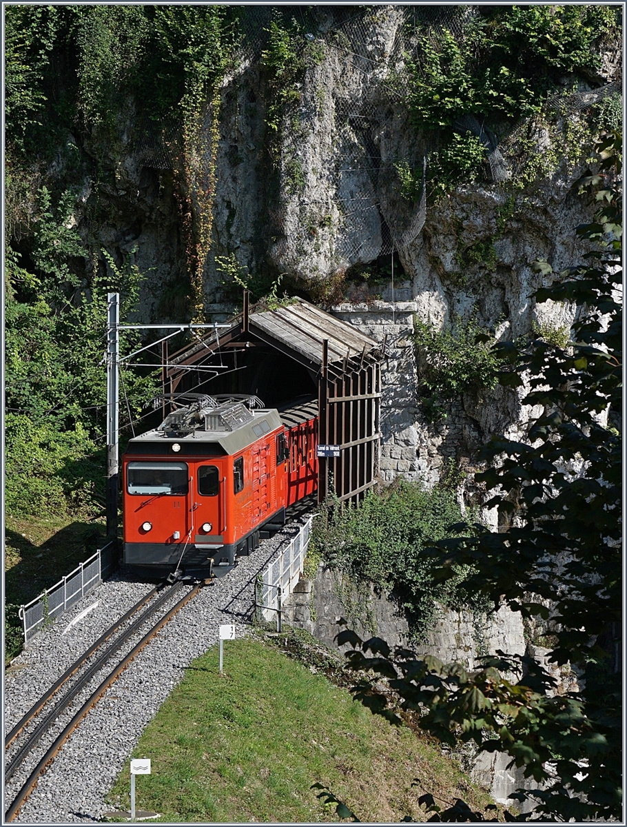 Die Rochers de Naye Hem 2/2 N° 11 verlässt den 386 Meter langen Valmont Kehrtunnel bei Toveyre. 
13. Aug. 2017