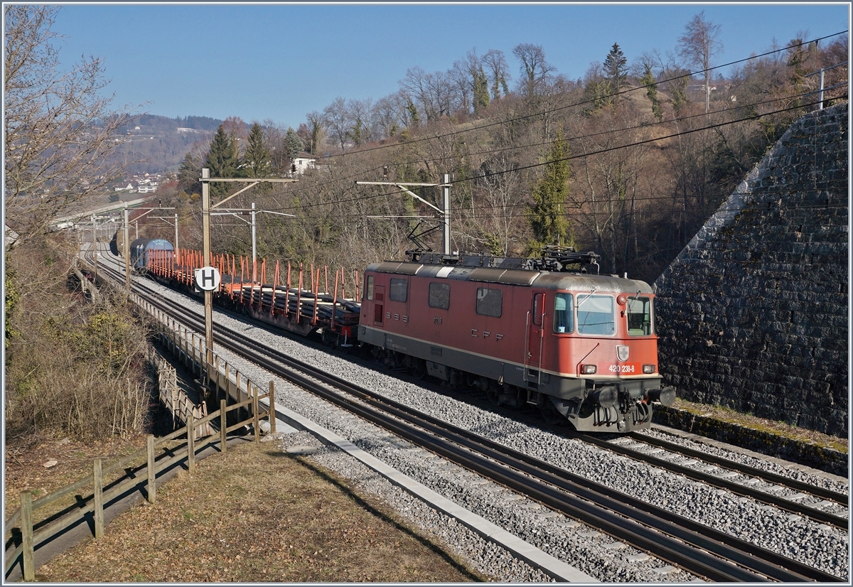 Die SBB Re 420 238-8 ist mit einem kurzen Güterzug in Richtung Palézieux zwischen Bossières und Grandvaux unterwegs.

15. Feb. 2019