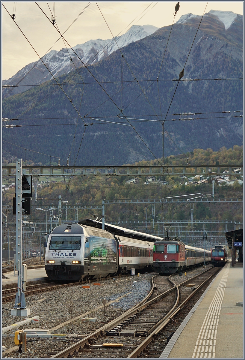 Die SBB Re 460 005-2 sowie die SBB Re 4/4 II 11158 warten in Brig auf ihre nächsten Einsätze.
25. Okt. 2017