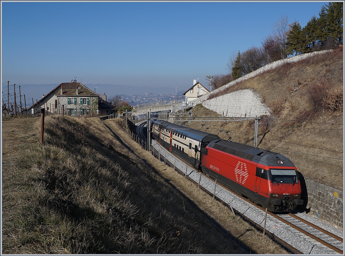 Die SBB Re 460 036-7 ist mit einem IC in Richtung Bern zwischen Bossiéres und Grandvaux unterwegs.

15. Feb. 2019