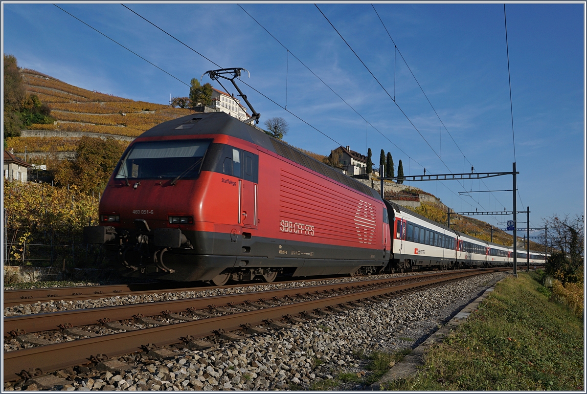 Die SBB Re 460 051-6 schiebt bei Lutry einen IR Richtung Brig durchs herbstliche Lauvaux. 
3 Nov. 2017