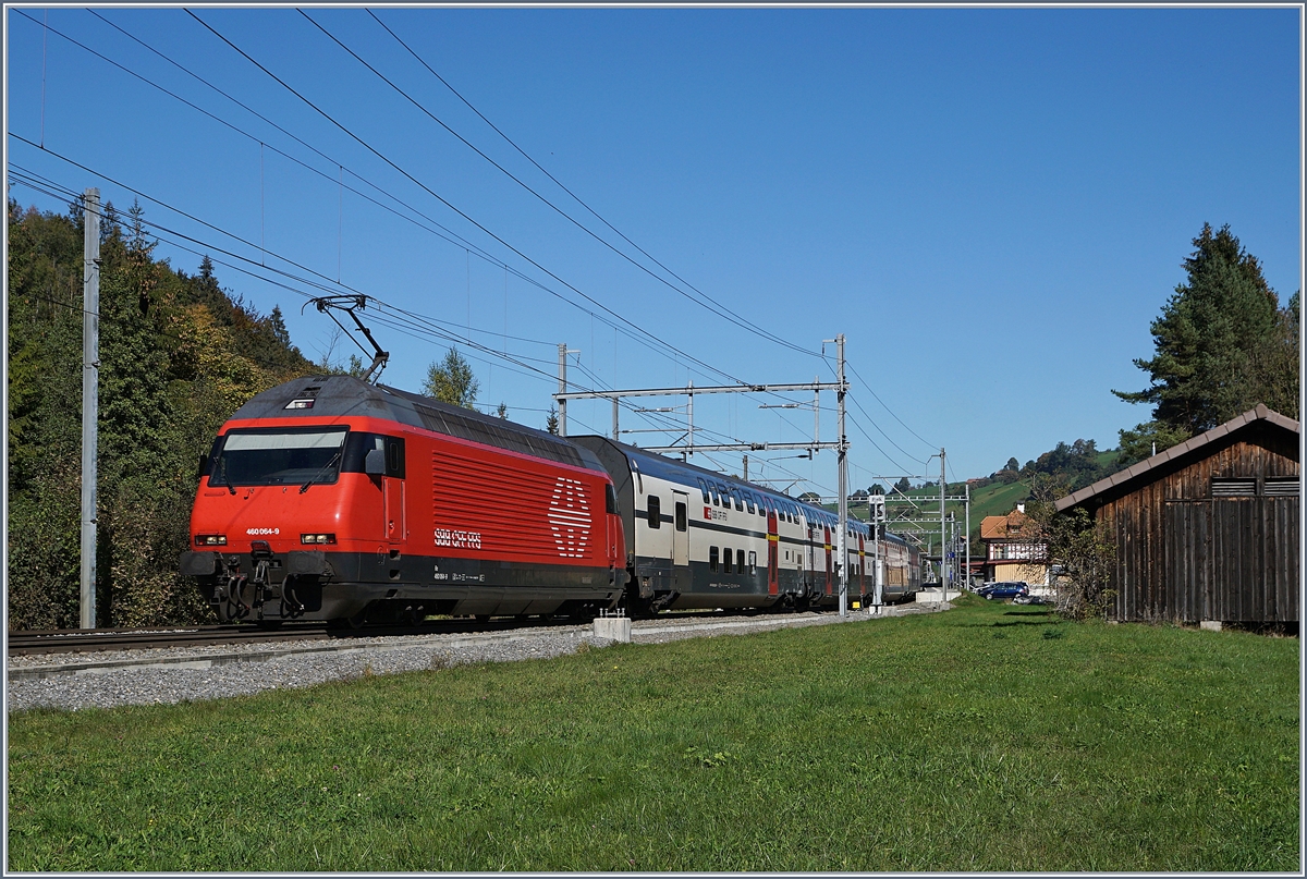 Die SBB Re 460 054-9 mit einem IC nach Brig bei der Durchfahrt in Mülenen.

10. Okt. 2019
 