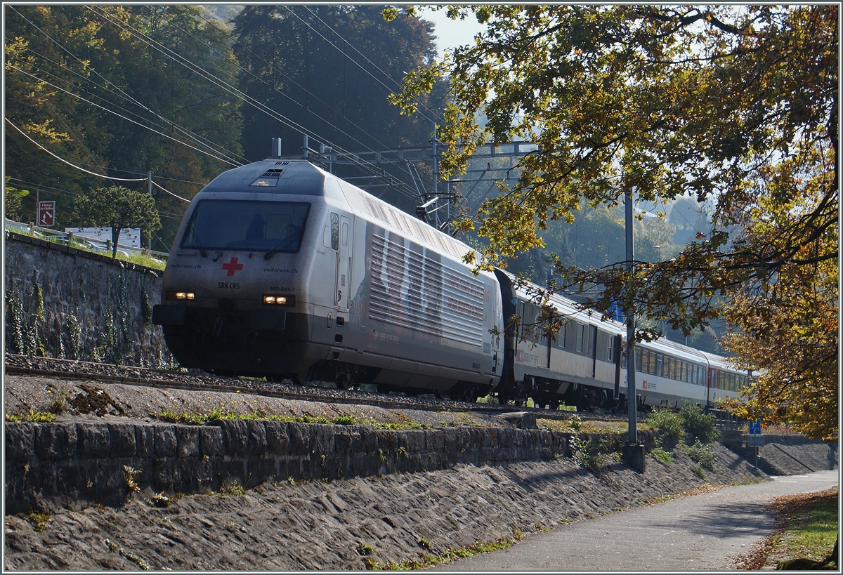 Die SBB Re 460 41-7  Rots Kreuz  mit einem IR kurz nach Villeneuve. 

21. Okt. 2015