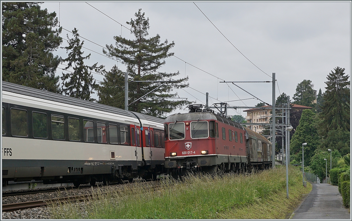 Die SBB Re 620 017 mit einem Gterzug zwischen Clarnes und Montreux auf der Fahrt in Richtung Wallis.

15. Mai 2020