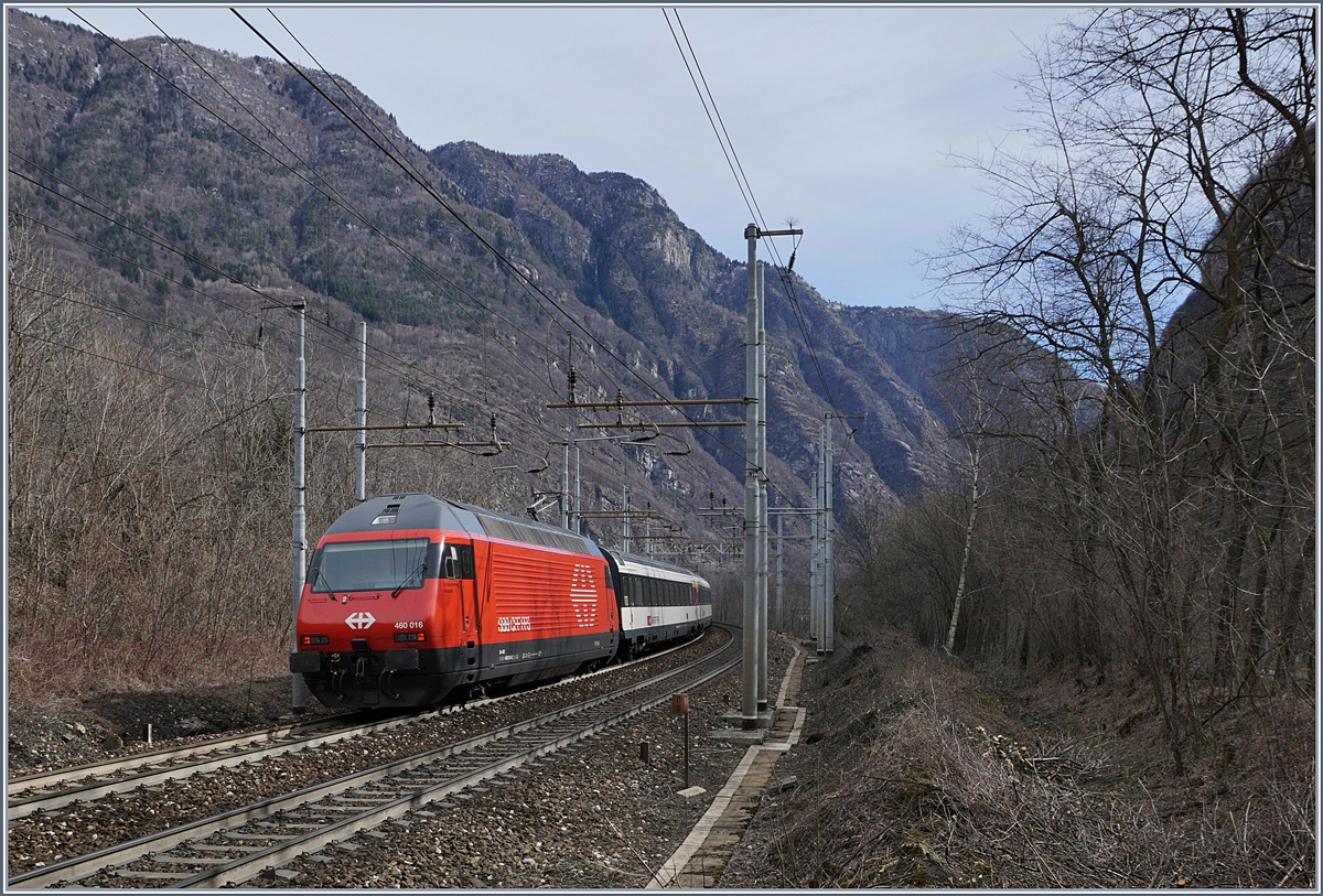 Die Schublok des IC nach Domodossola: die SBB Re 460 016 in der neuen, nicht sehr veränderten Gestaltung.
1. März 2017