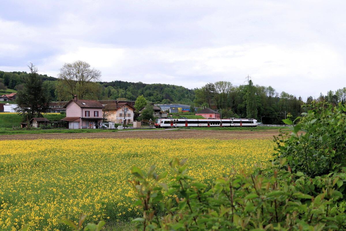 Die Station Henniez im Broyetal: Ein Werktagszug Palézieux-Payerne, gestossen von 560 269, fährt durch. Im Hintergrund die bekannte Mineralwasserfabrik von Henniez, deren Anschlussgleis leider abgeschnitten ist. 20.Mai 2021 