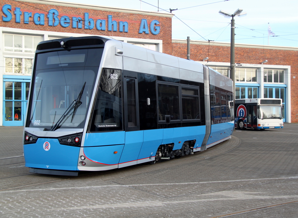 Die Straenbahn vom Typ Vossloh 6N2 fr Rostock stand am 25.01.2014 auf dem Gelnde der Rostocker Straenbahn AG. 