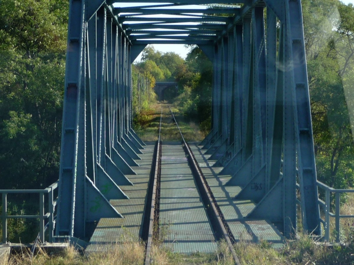 Die Unstrutbr�cke vor Ro�leben am 03.10.2012. Fotografiert aus dem EB VT 018, der an dem Tag als 3.  Unstrut-Schrecke-Express  von Erfurt Hbf nach Ro�leben unterwegs war. (Foto: Andreas Schwarzlose)