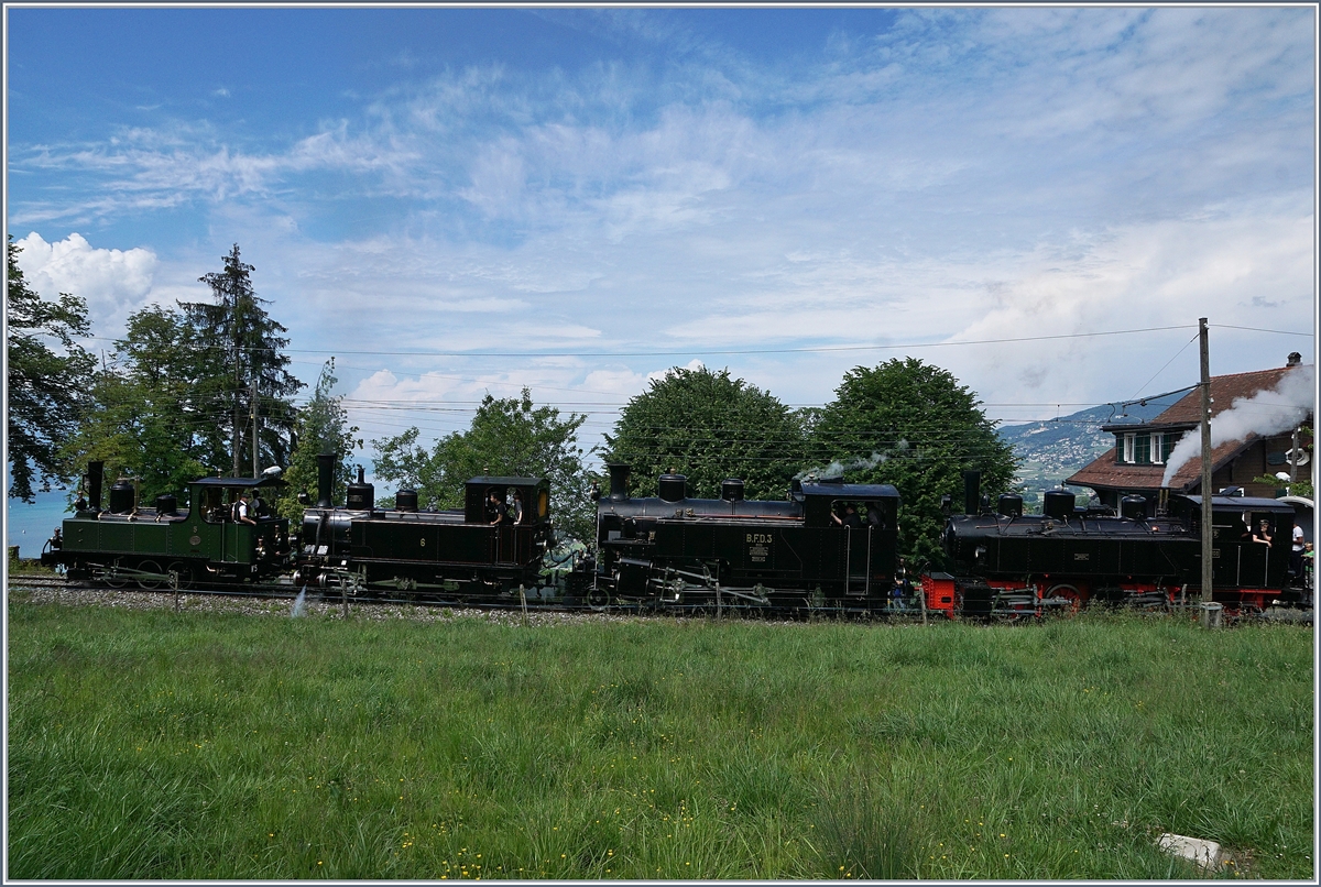 Die vier kleine Dampfloks bei Coraux haben fast keinem Platz auf dem Bild: Es sind zu sehen:  Vorneweg die 1890 gebaute LEB G 3/3 N° 5, dann die JS / BAM G 3/3 909 / 6 von 1901, gefolgt von der BFD HG 3/4 3 von 1913 und am Schluss die G 2x 2/2 105 von 1918 der SEG. 
3. Juni 2017