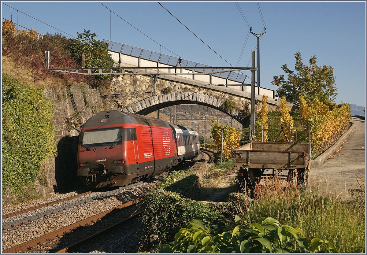 Diese Fotostelle bei Cully, welche die kleine Brücke über die Simplon-Linie zeigt, geht leider praktisch nur als Nachschuss, da ansonsten der Zug auf dem Seeseitigen Gleis wesetliches verdecken würde.
Re 460 068-0 mit einem IR Richtung Wallis.
16. Okt. 2017