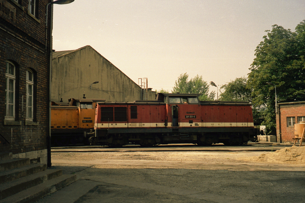 DR 106 213-2 + DB 201 051-0 am 22.09.1991 im Bw Naumburg. (Foto: Jörg Berthold)