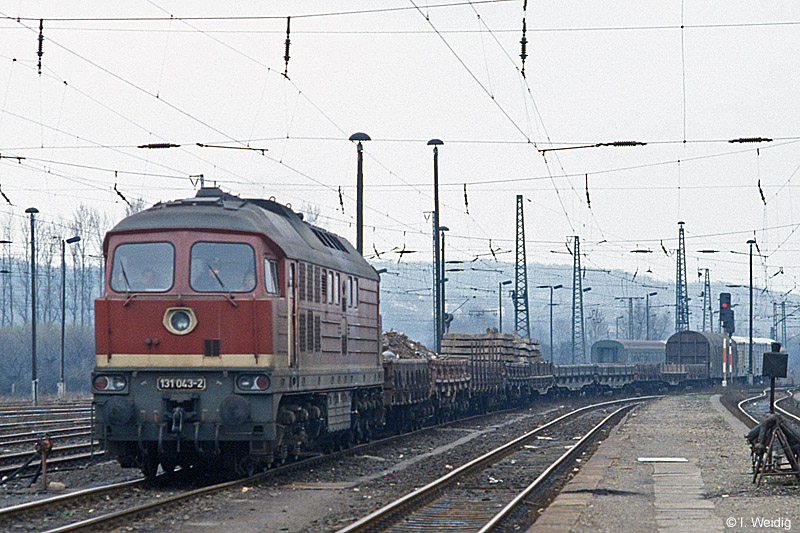 DR 131 043-2 mit einem G�terzug Richtung Bad K�sen, am 22.03.1991 in Naumburg Hbf. (Foto: Ingmar Weidig)