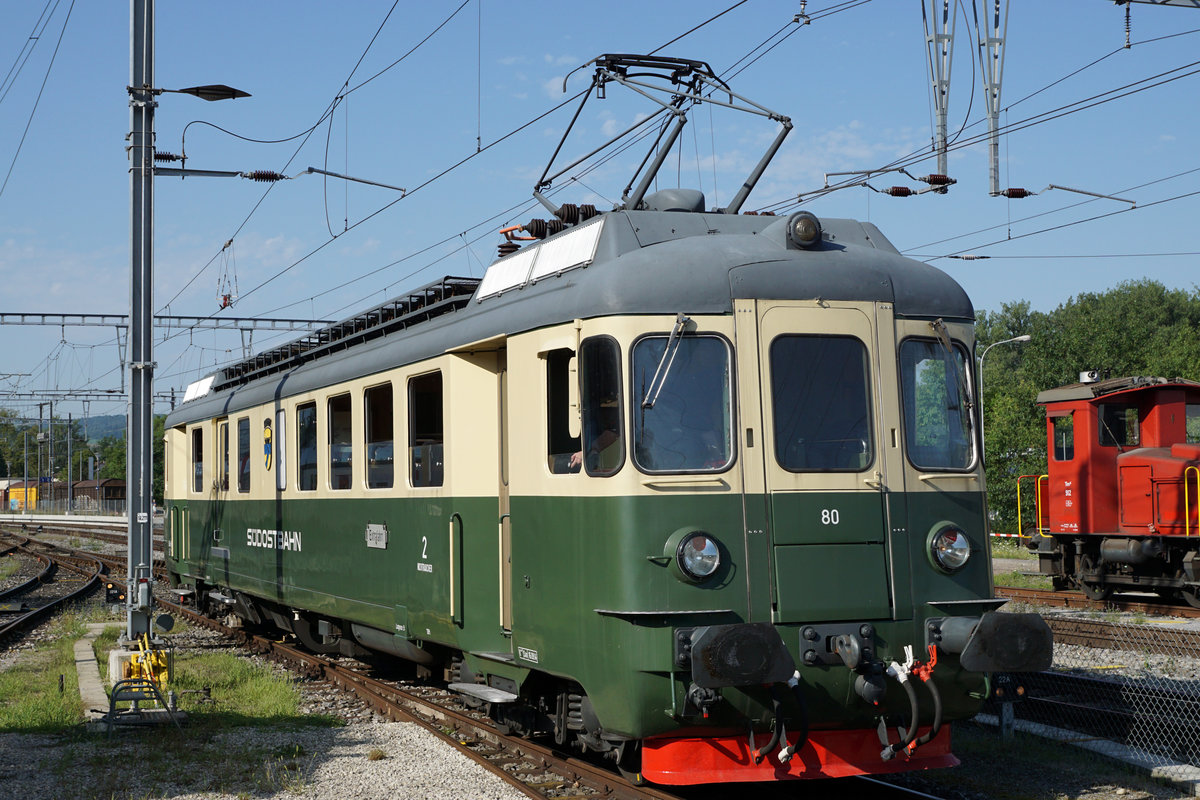 DSF: Ehemalige SOB Triebwagen am Triebwagen Treffen vom 1. August 2017 in Koblenz.
DSF BDe 4/4 80 auf Rangierfahrt vor dem Depot Koblenz.
Foto: Walter Ruetsch