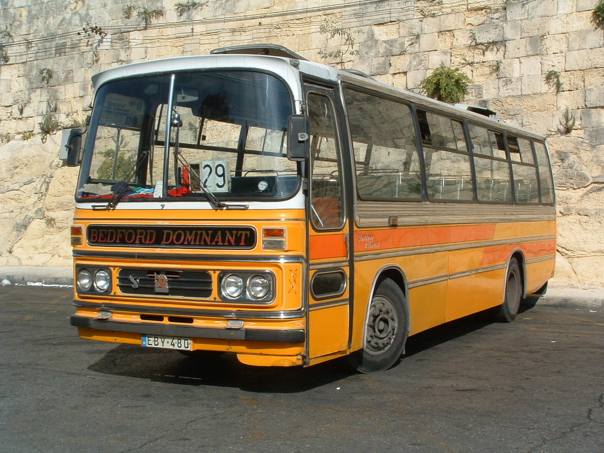 EBY 480
1976 Bedford YLQ
Duple Dominant C45F
New as OWV 439R to Alpha, Brighton.

Previously carried Y-1181 & Y-0480 in Malta.

Photographed at the bus layover area, Valletta, Malta 27th September 2005.