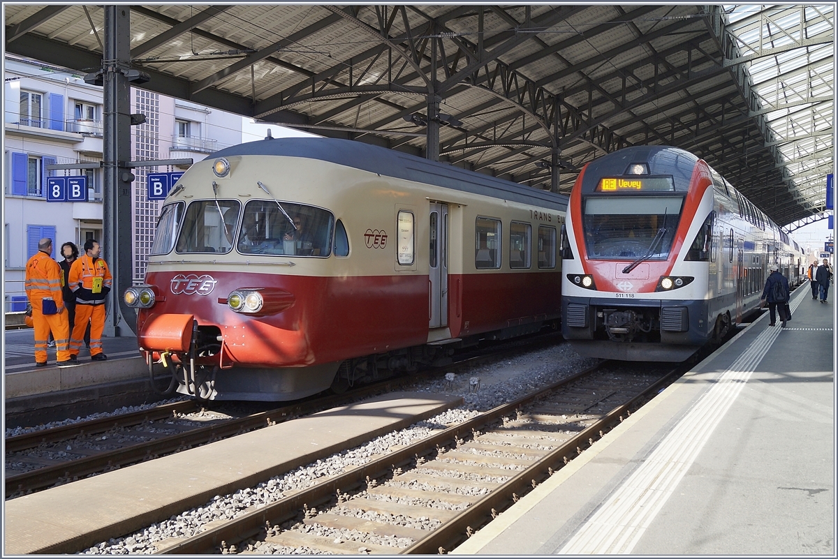 Edler Fernverkehr der Vergangenheit, leistungsfähiger Nahverkehr der Gegenwart, und trotzdem, die formschönen Rundungen verbinden die beiden so unterschiedlichen Züge.

TEE RAe II 1053 und SBB RABe 511 115 in Lausanne.

31. März 2019