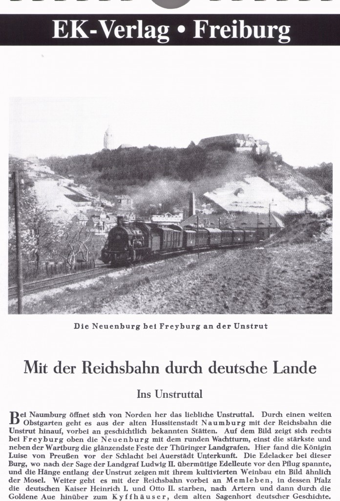 Ein Bild aus dem Reichsbahn-Kalender 2014 des EK-Verlag mit dem typischen
Unstrutbahnzug der 1930er Jahre: 6 Personenwagen,1 Packwagen,1 Postwagen. Eine Wagenzusammenstellung wie sie bis in die 1960er Jahre fuhr. Die
Donnerbüchse ist eine Ausnahme, zuletzt üblich waren reine preußische
Wagen, insbesondere Pr05. Den Postwagen gab es in der letzten Zeit auch
nicht mehr.