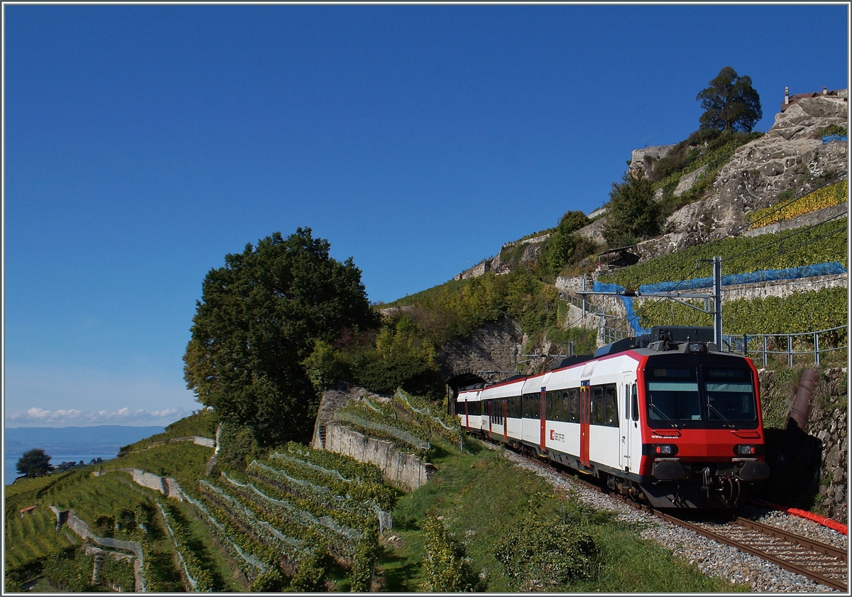 Ein Domio mit Zwischenwagen als S31 zwischen Chexbres und Vevey am 4. Okt. 2015