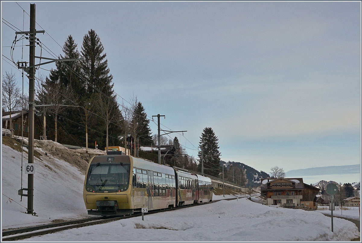 Ein Lenkerpendel (Bt/Be 4/4 ABt) bei Schönried. 
10. Jan. 2018