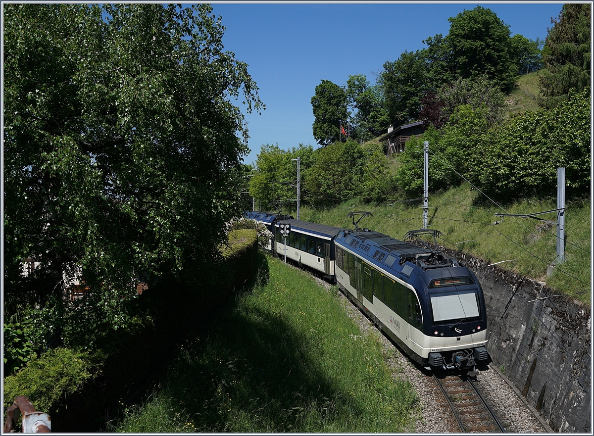 Ein MOB Alpina Triebwagenzug auf dem Weg nach Zweisimmen bei Sonzier. 

7. Mai 2020