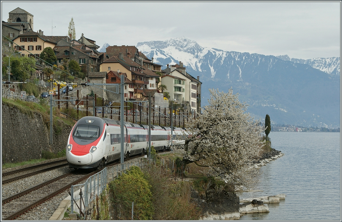 Ein SBB ETR 610 auf dem Weg Richtung Lausanne bei St-Saphorin.
9. April 2012