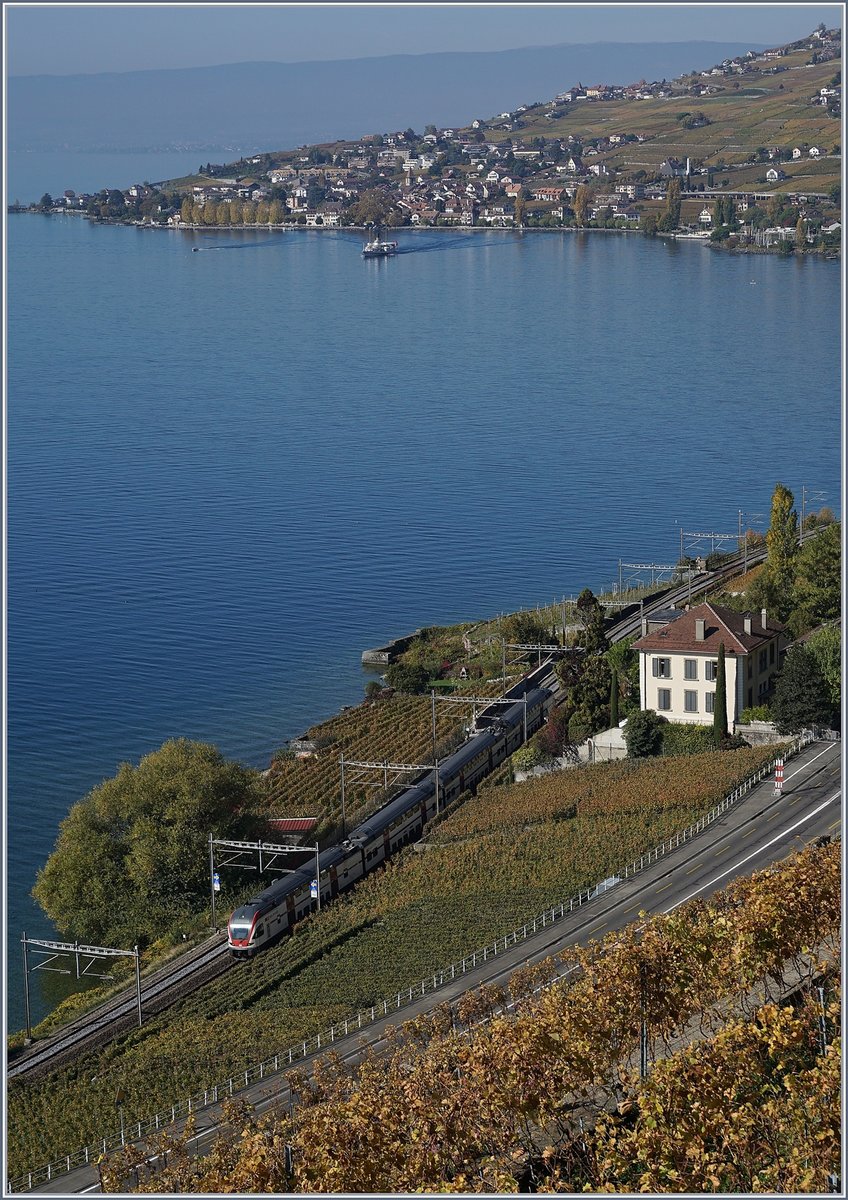 Ein SBB RABe 511 fährt als RE von Genève nach Vevey kurz nach Cully dem Genfersee entlang. 

18. Okt. 2017